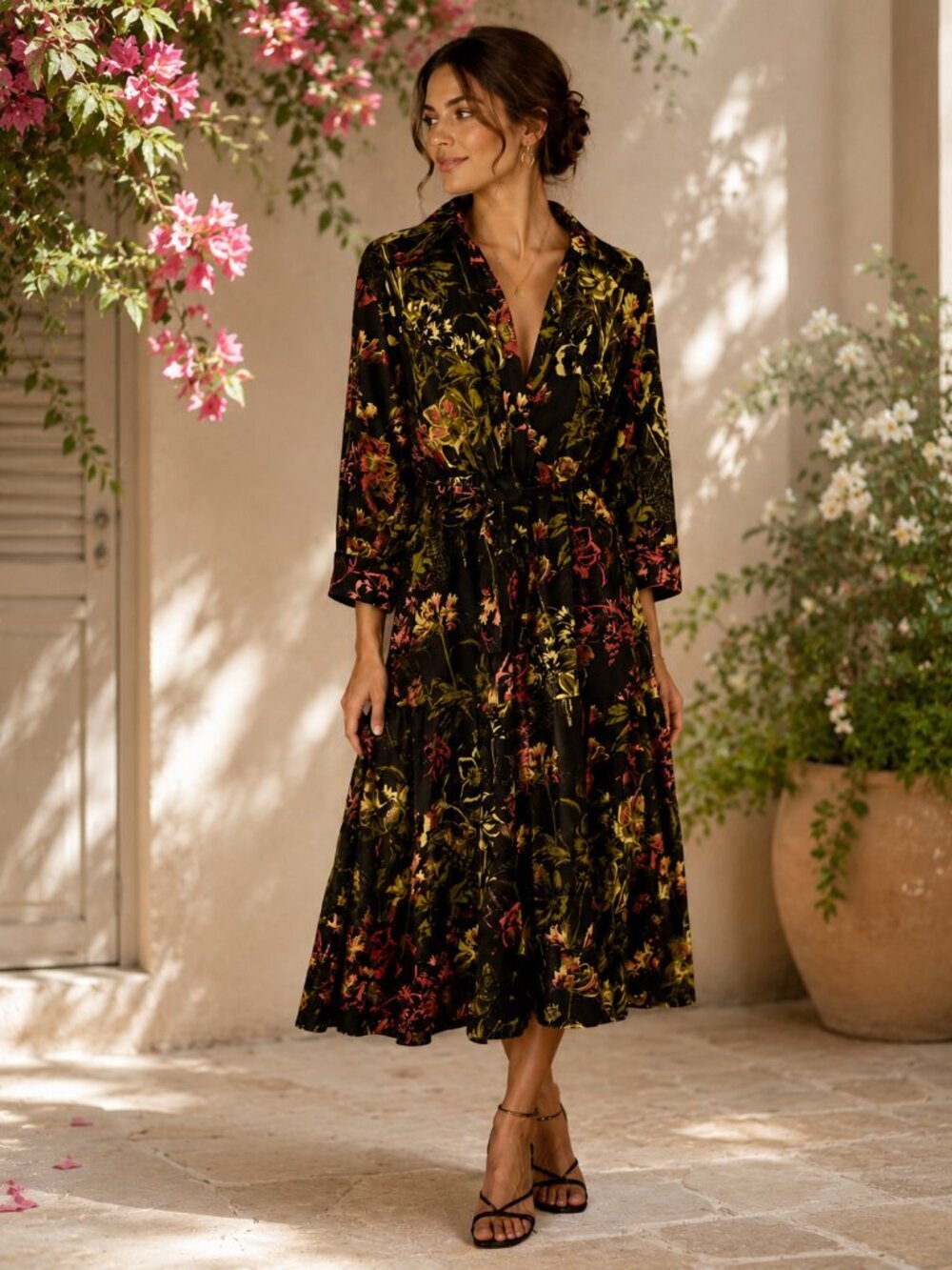 Vintage Romantic Black Flowery Dress size L  D30